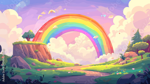 Colorful rainbow arches over a serene landscape with lush greenery and soft clouds at sunset
