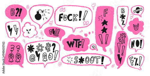 Swear communication speech bubbles. Negative abstract crayon doodle text. Bad bulling expression on chat dialog boxes. Strong language pack isolated on white background. Vector illustration.