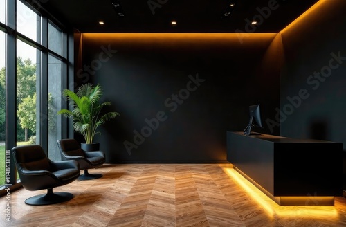 Black and wooden reception room with two computers and armchairs. Black wall with yellow backlight, reception entrance with office desk near window, front view, parquet floor