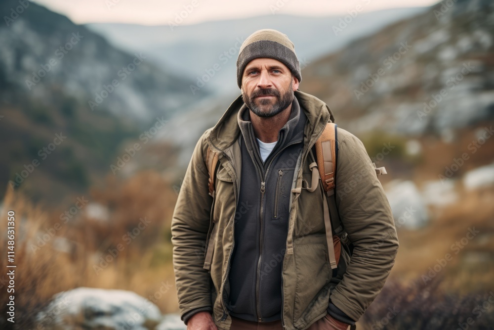Handsome bearded man with backpack standing in mountains and looking away Handsome bearded man with backpack standing in mountains and looking away