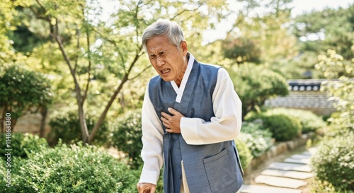 Obraz na płótnie Elderly asian man experiencing chest pain outdoors in traditional clothing amidst nature w salonie