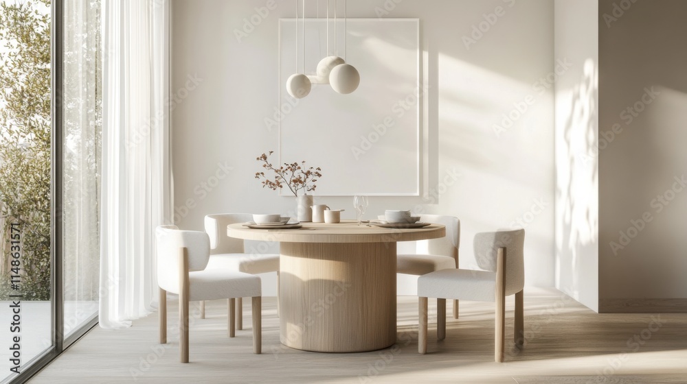 Modern minimalist breakfast nook with clean, cozy design. Featuring neutral tones and sleek furnishings