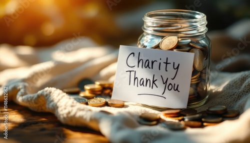 A Glass Jar Filled with Coins for Charity Donations a Thank You Note photo