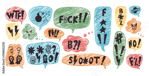 Speech bubbles with swear symbols words. Curse crayon doodle text. Bad bulling expression on chat dialog boxes. Aggressive swearwords isolated on white background. Haters signs. Vector illustration.