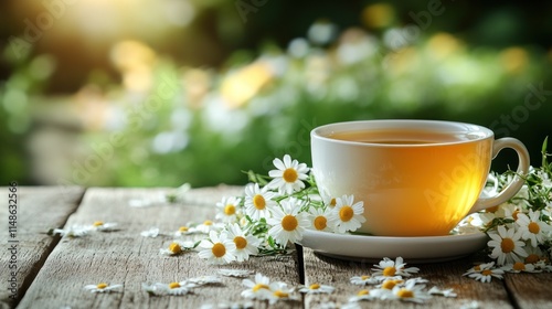 Chamomile tea cup on wooden table in garden. photo