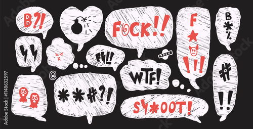 Speech bubbles with swear words. Curse crayon doodle text. Bad expression on chat dialog boxes. Aggressive swearwords isolated on black background. Haters signs. Vector hand drawn illustration.