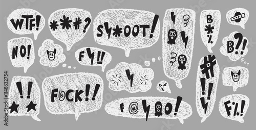 Swear words on chalk speech bubbles. Curse crayon doodle text. Bad bulling expression on chat dialog boxes. Aggressive swearwords isolated. Haters signs. Vector hand drawn illustration.