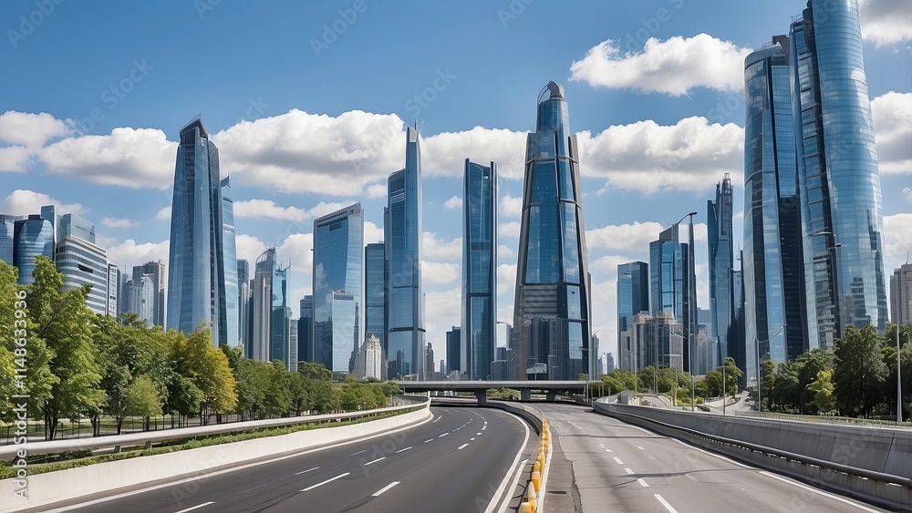 Wide asphalt road flowing across a modern cityscape with sleek skyscrapers and glass towers in the background; city streets, modern city, cityscape, urban landscape, highway. Wide asphalt road flowing across a modern cityscape with sleek skyscrapers and glass towers in the background; city streets, modern city, cityscape, urban landscape, highway.