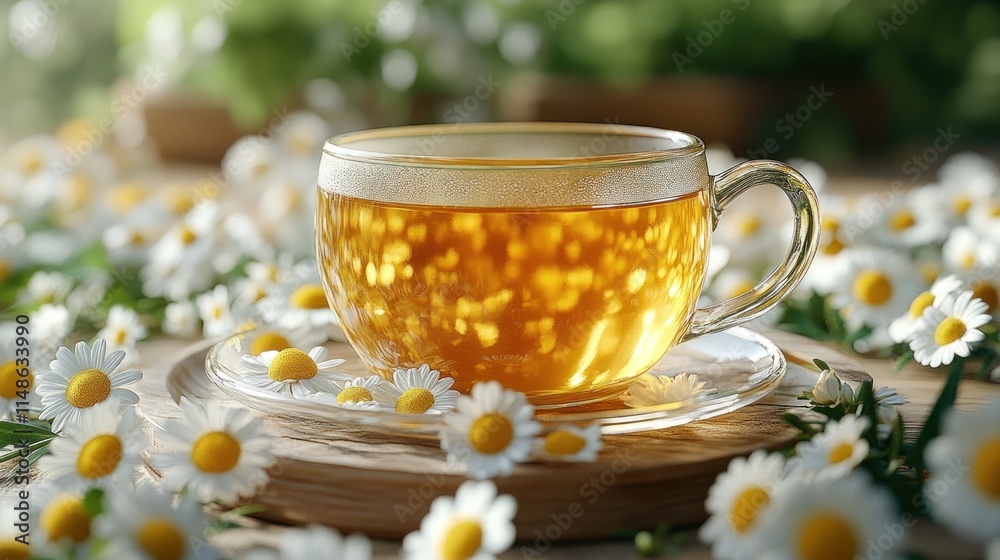 Chamomile tea in glass cup on wooden plate with fresh chamomile flowers. Chamomile tea in glass cup on wooden plate with fresh chamomile flowers.