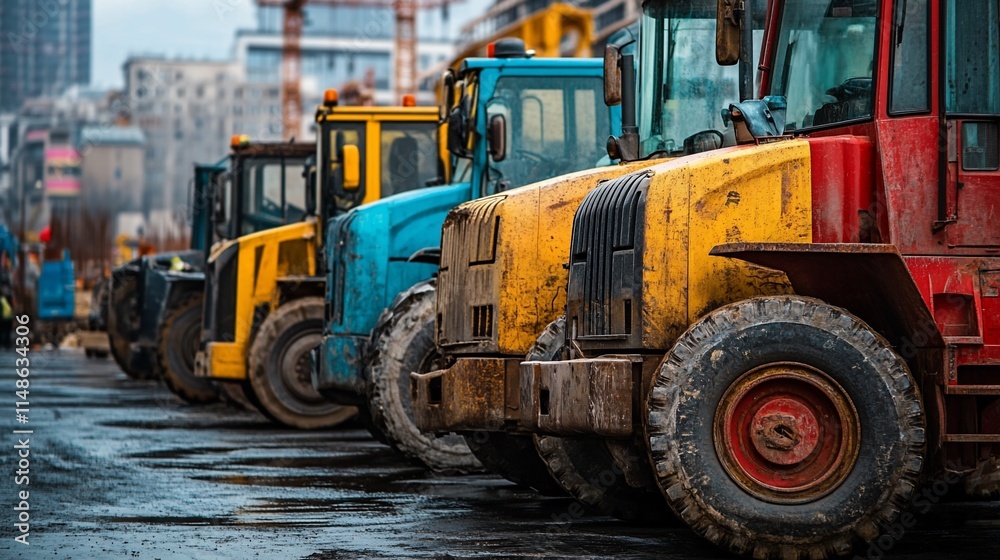 Row of colorful construction vehicles parked on a worksite. Row of colorful construction vehicles parked on a worksite.