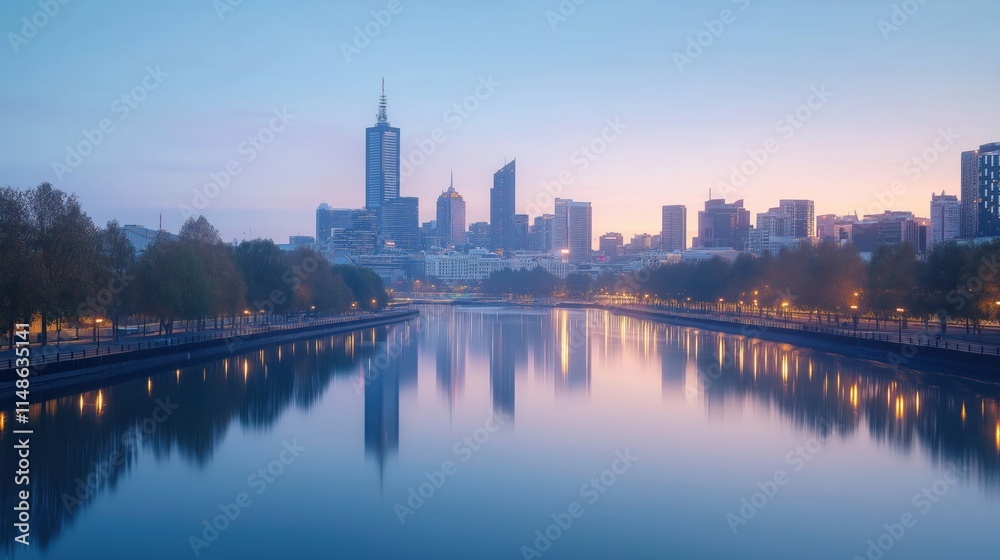 Fototapeta premium Melbourne city skyline reflects on still water at twilight. Skyscrapers and buildings line waterfront. Trees and parkland border the river. Soft light and colorful sky. Peaceful city scene.