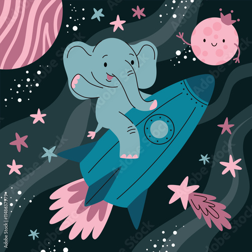 Animals in spaсe.Elephant on a rocket.Kids character, animal print for children.Flat vector illustration in cartoon style