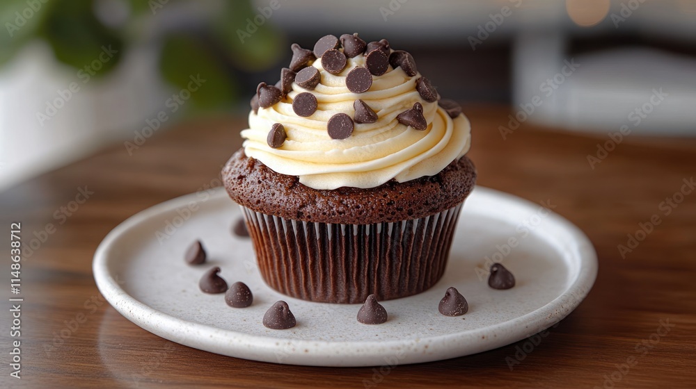 Chocolate cupcake with vanilla frosting and chocolate chips. Chocolate cupcake with vanilla frosting and chocolate chips.