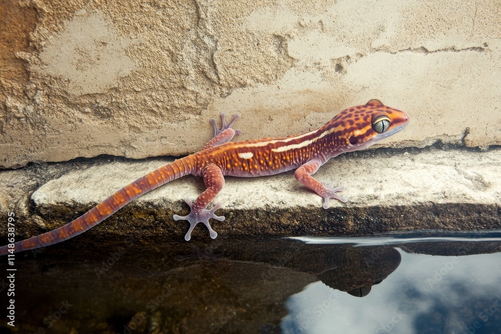 Spotted gecko resting on smooth stone with human hand reflection in soft natural light Spotted gecko resting on smooth stone with human hand reflection in soft natural light