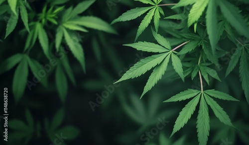 Close-up view of green cannabis leaves against a dark background. photo