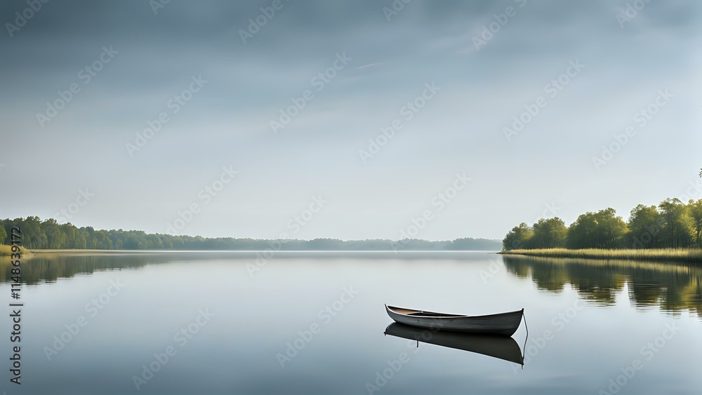 A tranquil boat floating on a serene river with calm waters and peaceful surroundings A tranquil boat floating on a serene river with calm waters and peaceful surroundings