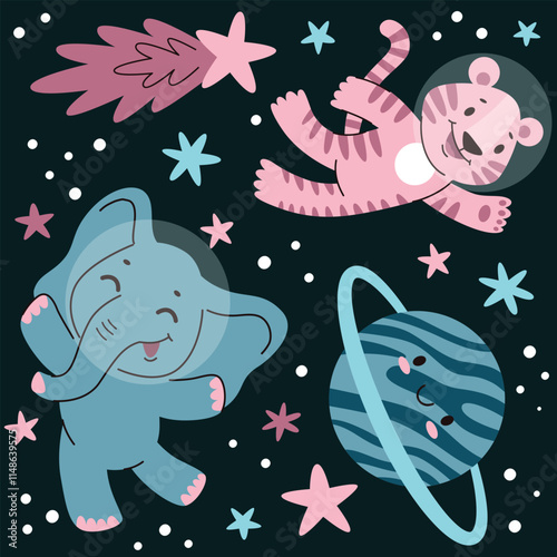 Animals in spaсe.Kids character, animal print for children,elephant and tiger.Flat vector illustration in cartoon style