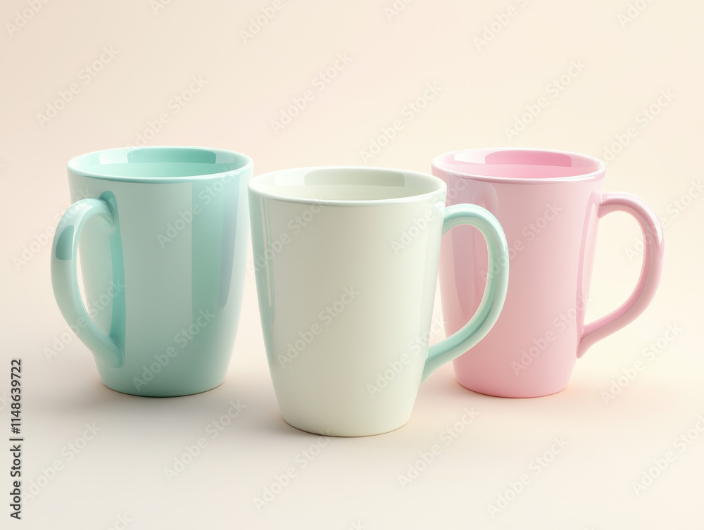 Three pastel mugs on a soft background, various colors Three pastel mugs on a soft background, various colors