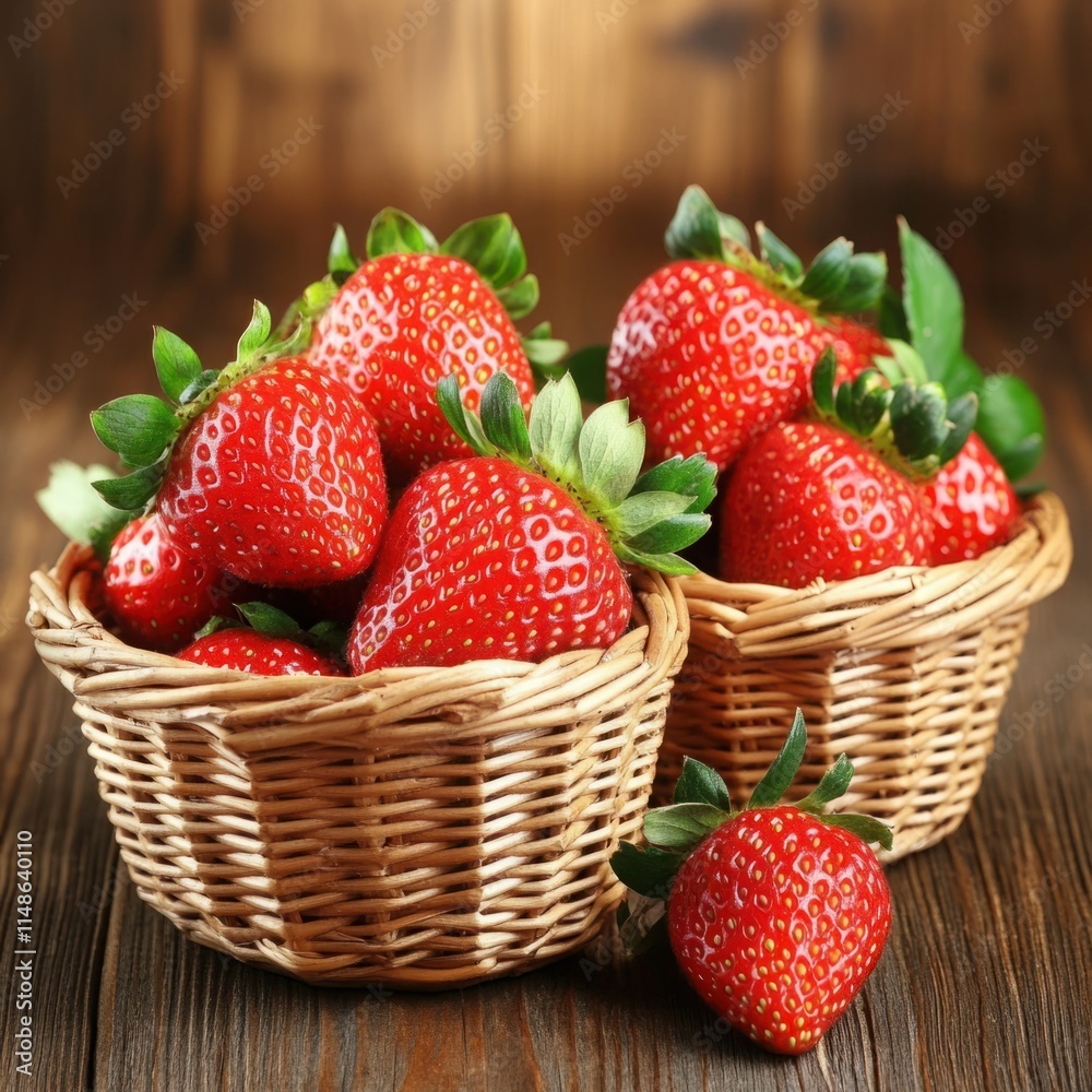 Fresh and Juicy Strawberries in Wicker Baskets on a Wooden Table, Perfect for Healthy Eating, Baking, or Garnishing Desserts and Beverages for All Occasions Fresh and Juicy Strawberries in Wicker Baskets on a Wooden Table, Perfect for Healthy Eating, Baking, or Garnishing Desserts and Beverages for All Occasions