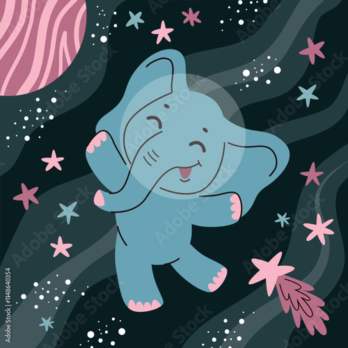 Animals in spaсe.Kids character, animal print for children,elephant.Flat vector illustration in cartoon style