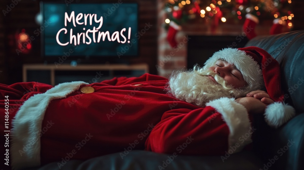 Obraz premium Man in Santa Claus costume is sleeping on the sofa opposite the TV is on with the text Merry Christmas!
