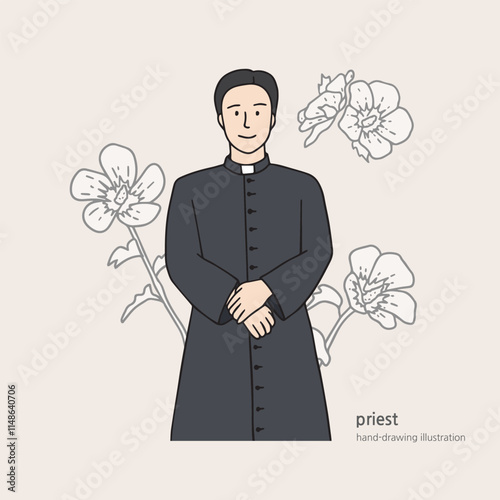 An illustration of a priest standing with his hands together