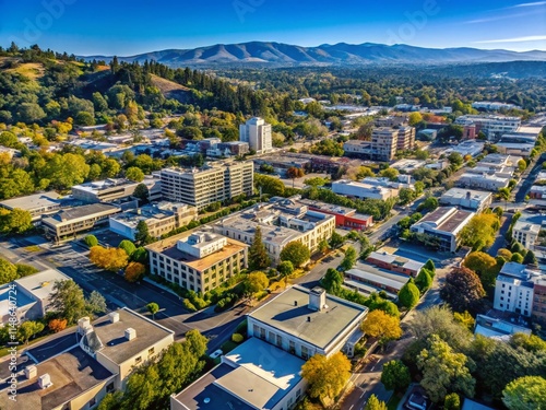 Aerial View Downtown Walnut Creek, California: Businesses, Homes, Blue Sky