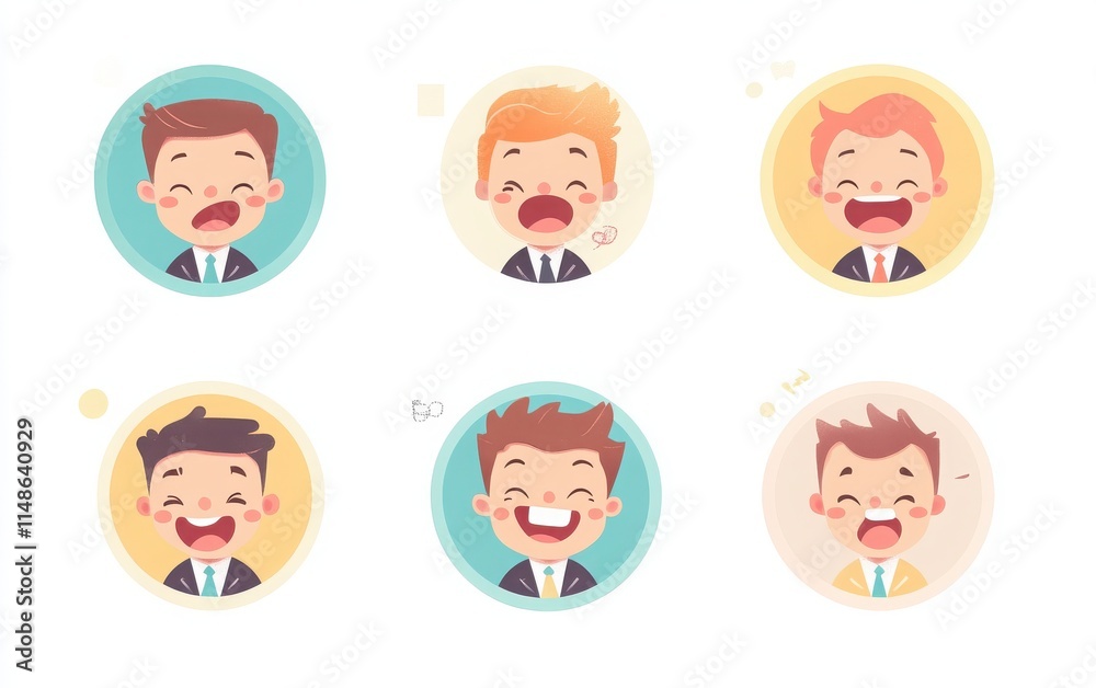 A set of cute businessman faces in different emotions, including happiness, frustration, and surprise. The icons are flat vector illustrations with a pastel color palette A set of cute businessman faces in different emotions, including happiness, frustration, and surprise. The icons are flat vector illustrations with a pastel color palette