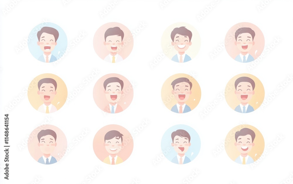 A set of round avatar icons featuring businessman faces showing emotions such as happiness, surprise, and thoughtfulness. A set of round avatar icons featuring businessman faces showing emotions such as happiness, surprise, and thoughtfulness.