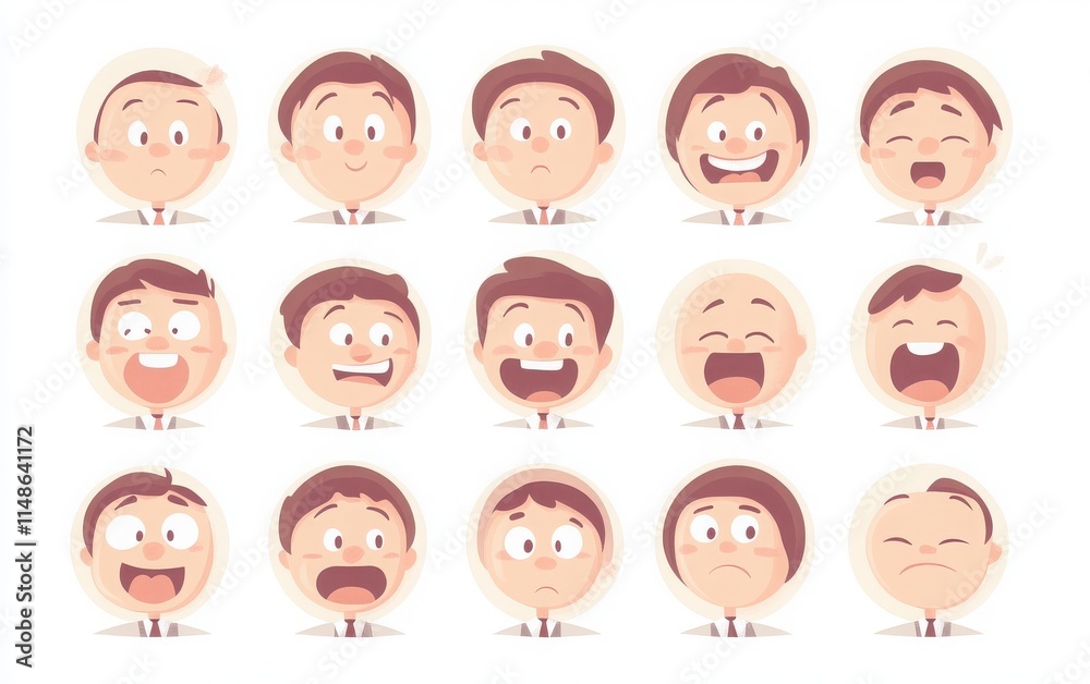 A set of round avatar icons featuring businessman faces showing emotions such as happiness, surprise, and thoughtfulness. A set of round avatar icons featuring businessman faces showing emotions such as happiness, surprise, and thoughtfulness.
