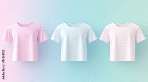 Three pastel T-shirts on gradient background for fashion concept photo