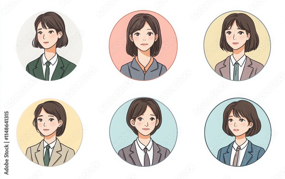 A set of six circular avatar illustrations featuring Japanese women in professional attire. One woman shows sadness, while another frowns. A set of six circular avatar illustrations featuring Japanese women in professional attire. One woman shows sadness, while another frowns.