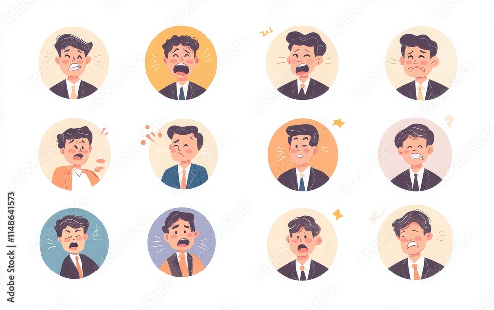 Set of flat vector illustrations featuring cute businessman faces expressing different emotions like confusion, excitement, and anger. Set of flat vector illustrations featuring cute businessman faces expressing different emotions like confusion, excitement, and anger.