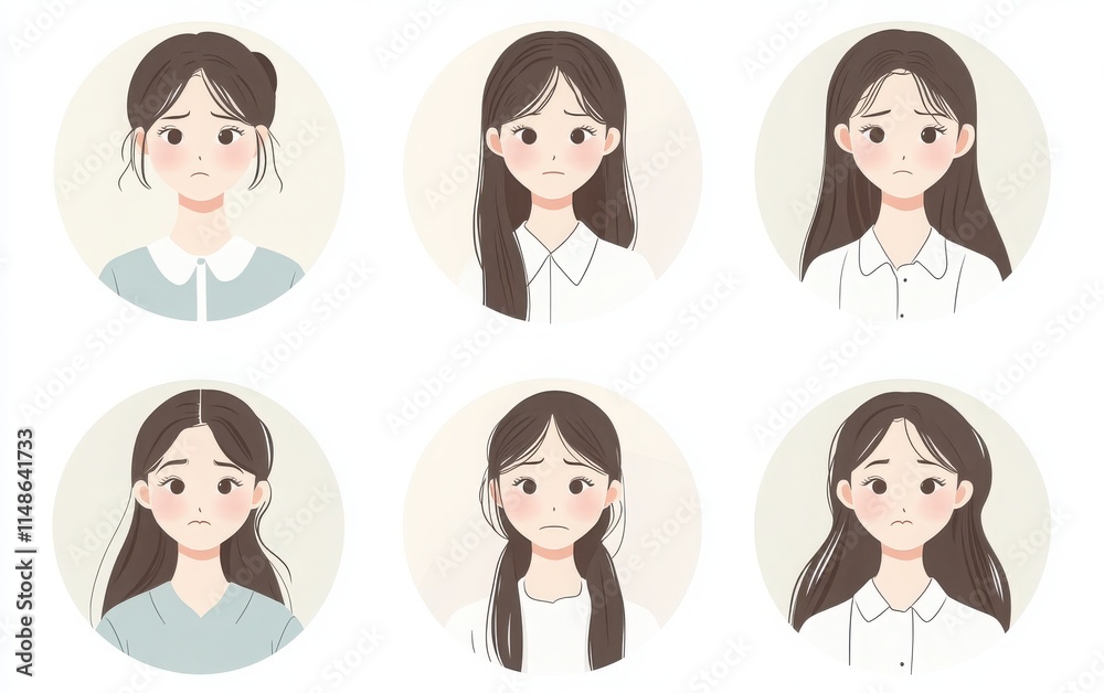 Set of six circular avatars illustrating Japanese women in professional attire. The design features flat vector graphics in pastel colors Set of six circular avatars illustrating Japanese women in professional attire. The design features flat vector graphics in pastel colors
