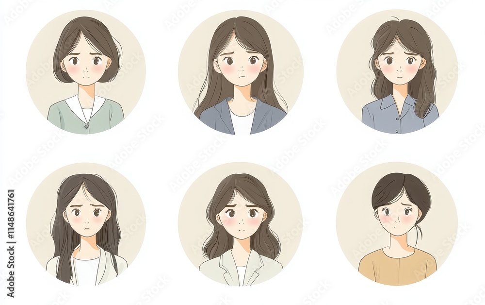 Set of six circular avatars illustrating Japanese women in professional attire. The design features flat vector graphics in pastel colors Set of six circular avatars illustrating Japanese women in professional attire. The design features flat vector graphics in pastel colors