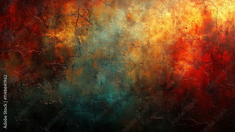 A vibrant abstract texture featuring warm hues of red, orange, and gold blended with cooler tones, ideal for backgrounds and artistic projects.