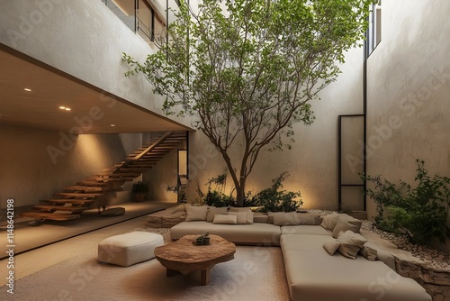 Modern living room with Biophilic design, natural elements into interior spaces. 