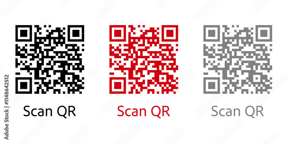 QR Code Scan black Label. Scan QR Code red icon with text. QR Code Scan black Label. Scan QR Code red icon with text.