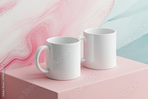 Two white coffee mugs on pink platform with abstract background photo