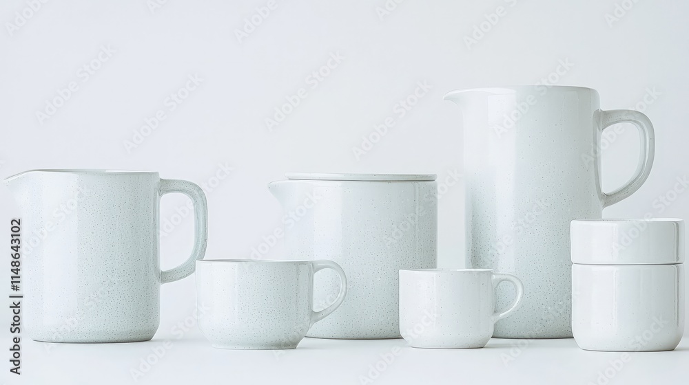 Set of white ceramic cups, mugs, and pitchers on white background.