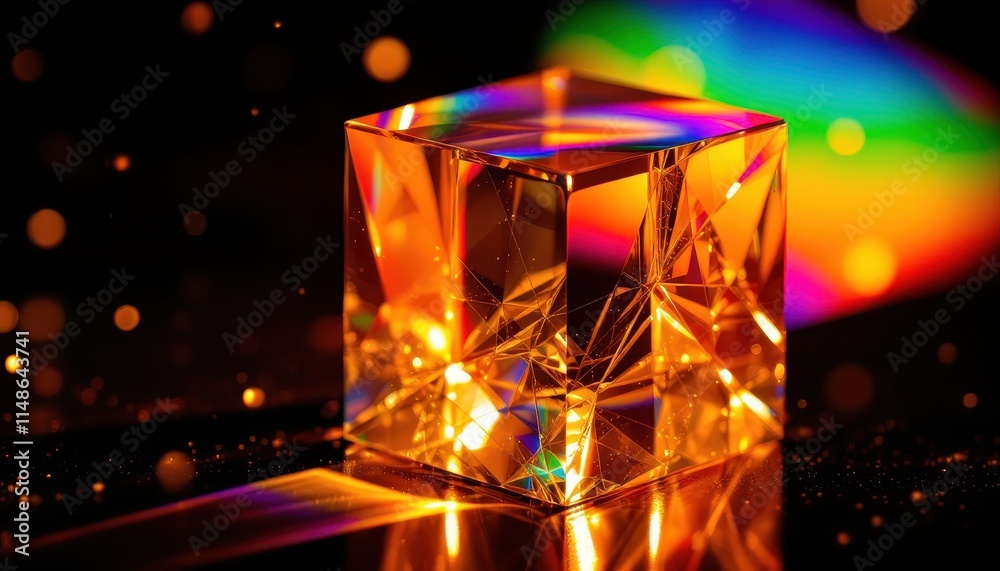 Luminous Crystal Cube Reflecting Rainbow Hues in Dark Ambiance Luminous Crystal Cube Reflecting Rainbow Hues in Dark Ambiance