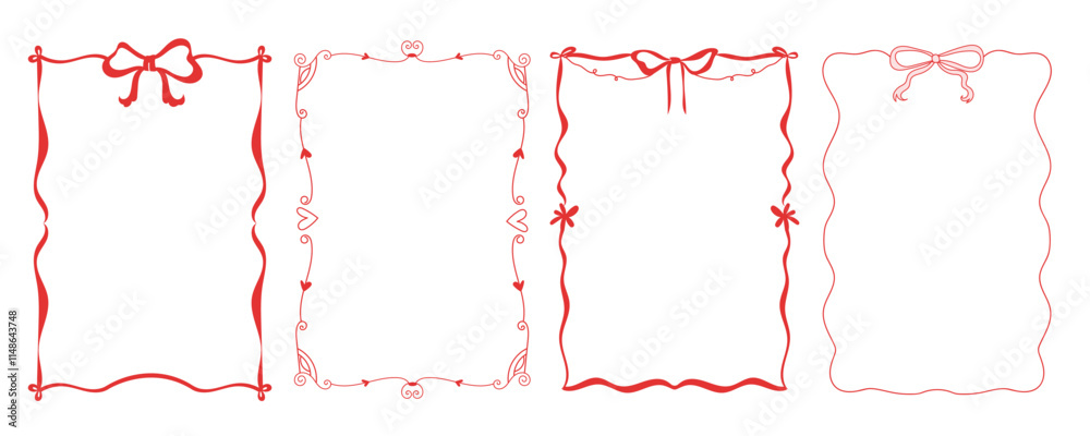Set of doodle hand drawn trendy frames with wavy lines, bows and ribbons. Minimalist cute line art. Modern whimsical borders for wedding invitations, birthday cards, lunch, holiday illustration