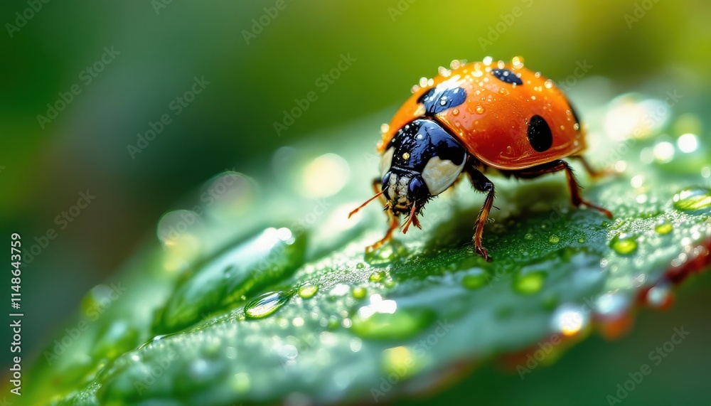 Macro Photography of a Ladybug on a Dew-Covered Leaf in a Lush Green Garden Macro Photography of a Ladybug on a Dew-Covered Leaf in a Lush Green Garden