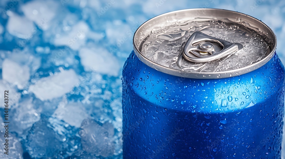 Close-up of a cold, sweating blue aluminum can on ice. Close-up of a cold, sweating blue aluminum can on ice.