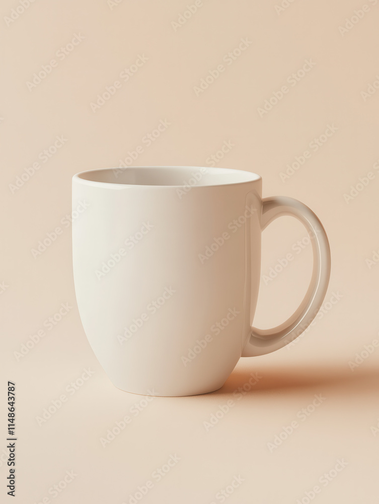 White ceramic mug on beige background, simple and elegant. White ceramic mug on beige background, simple and elegant.