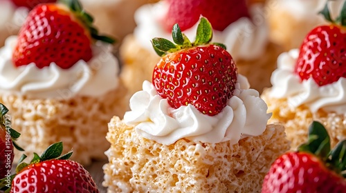 Close-up of delicious rice krispie treats topped with whipped cream and fresh strawberries. photo