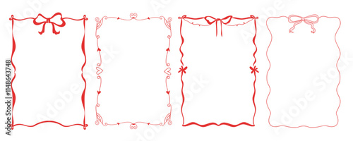 Set of doodle hand drawn trendy frames with wavy lines, bows and ribbons. Minimalist cute line art. Modern whimsical borders for wedding invitations, birthday cards, lunch, holiday illustration