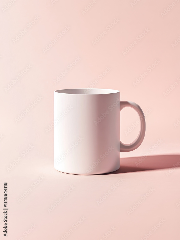 White ceramic mug with shadow on a pastel pink background. White ceramic mug with shadow on a pastel pink background.