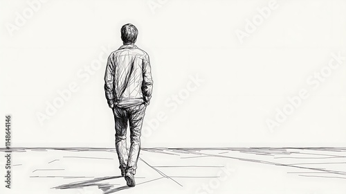 Thoughtful Man Walking Away: Sketch Illustration. AI Generated