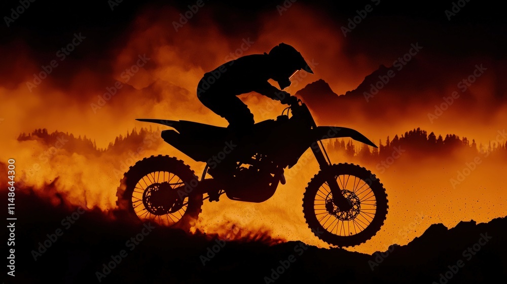 Fototapeta premium Motocross rider silhouette jumping over fiery landscape.